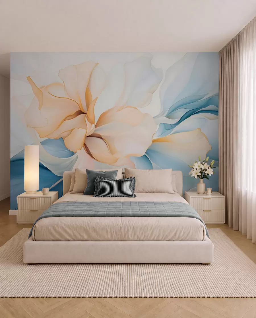 murais de parede Pétalas florais abstractas fluidas, translúcidas e em camadas em tons pastel, em tons de pêssego e azul w08701