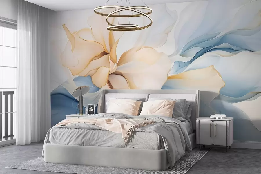 murais de parede Pétalas florais abstractas fluidas, translúcidas e em camadas em tons pastel, em tons de pêssego e azul w08701