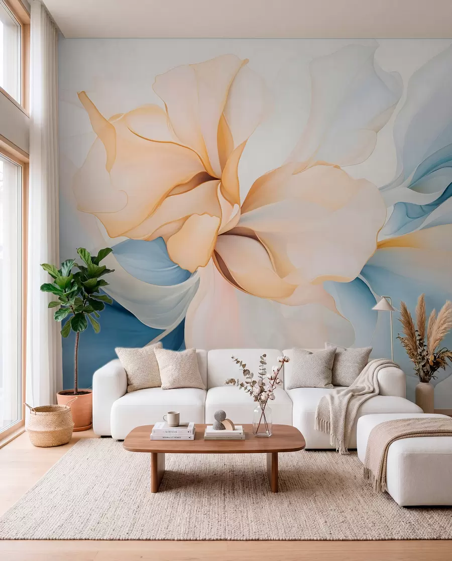 murais de parede Pétalas florais abstractas fluidas, translúcidas e em camadas em tons pastel, em tons de pêssego e azul w08701