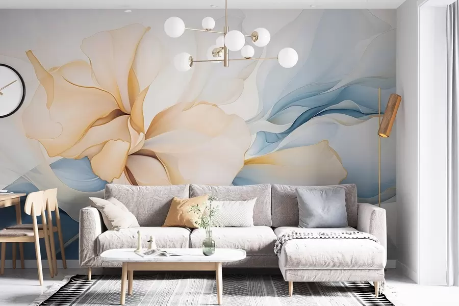 murais de parede Pétalas florais abstractas fluidas, translúcidas e em camadas em tons pastel, em tons de pêssego e azul w08701