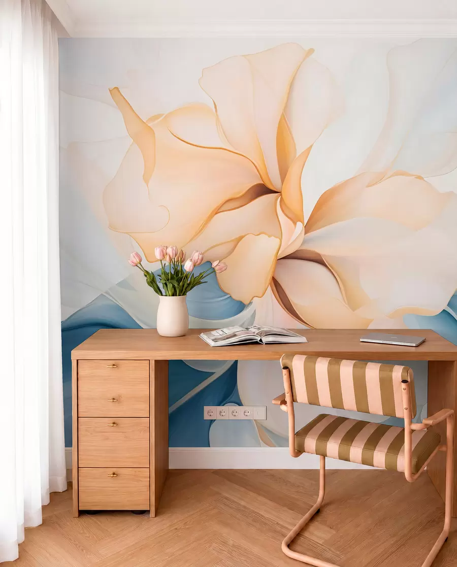 murais de parede Pétalas florais abstractas fluidas, translúcidas e em camadas em tons pastel, em tons de pêssego e azul w08701