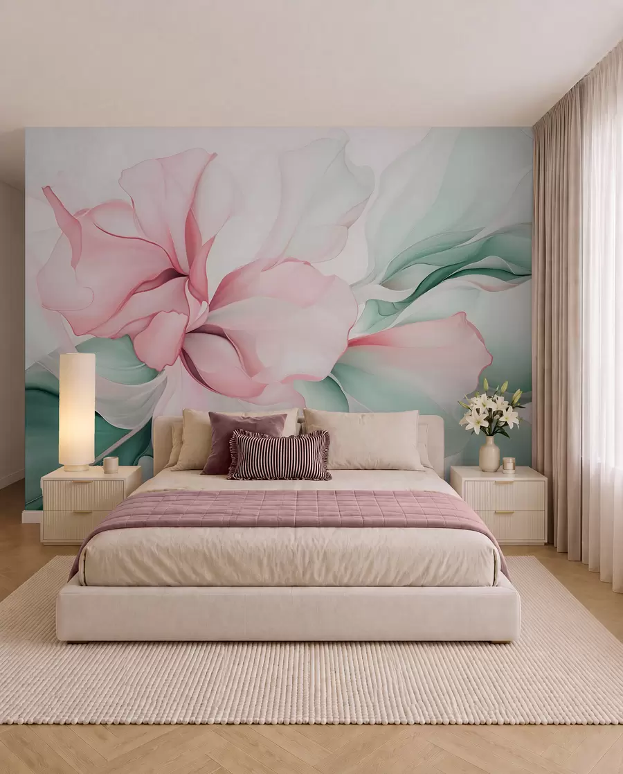 murais de parede Pétalas florais abstractas fluidas, translúcidas e em camadas em tons pastel, em tons de rosa e verde w08701v1