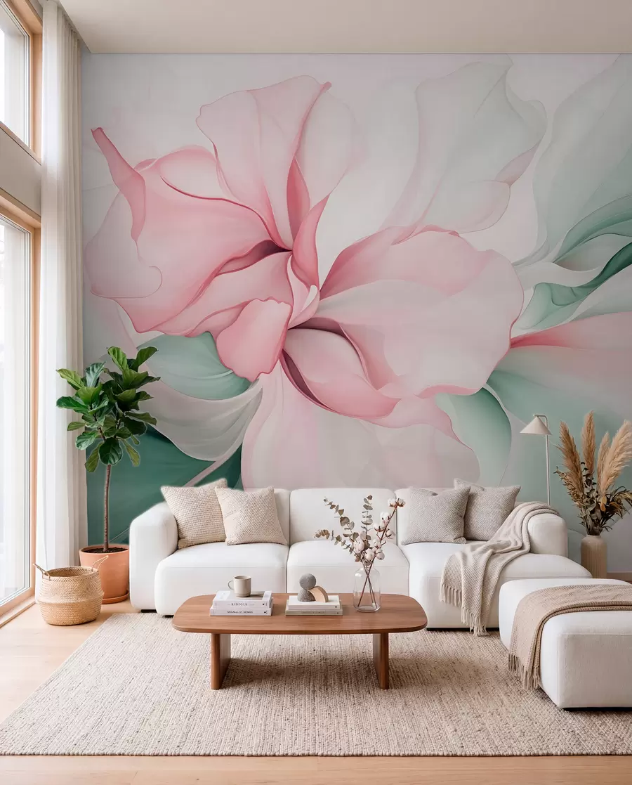 murais de parede Pétalas florais abstractas fluidas, translúcidas e em camadas em tons pastel, em tons de rosa e verde w08701v1