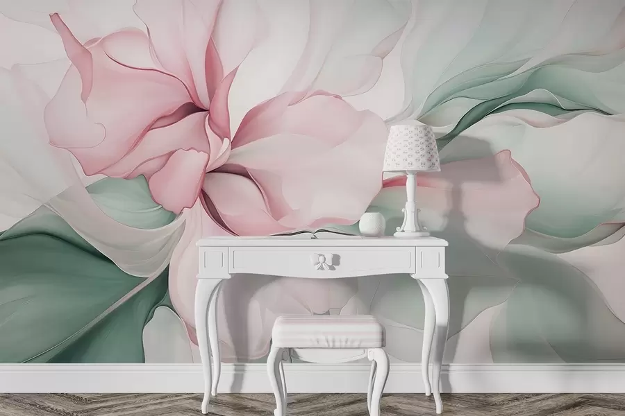 murais de parede Pétalas florais abstractas fluidas, translúcidas e em camadas em tons pastel, em tons de rosa e verde w08701v1