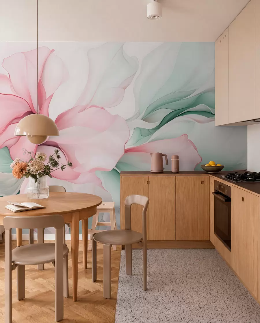 murais de parede Pétalas florais abstractas fluidas, translúcidas e em camadas em tons pastel, em tons de rosa e verde w08701v1