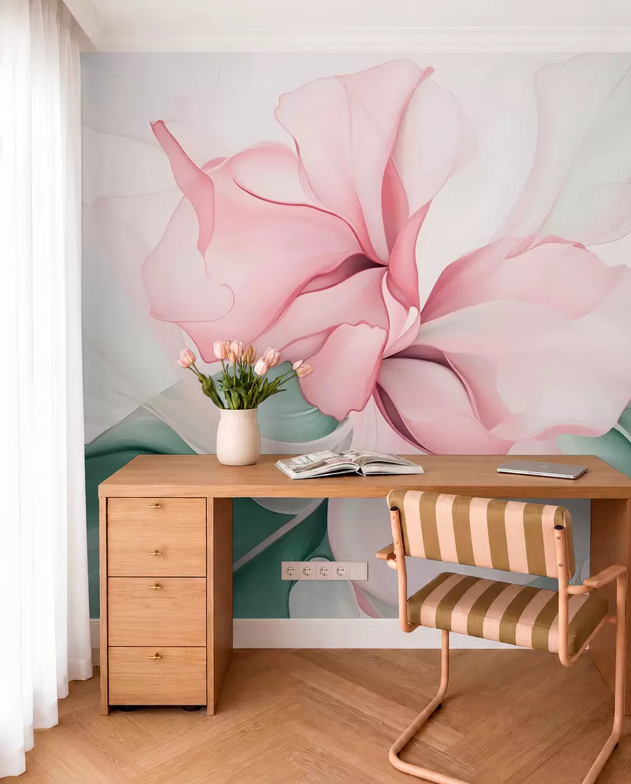 murais de parede Pétalas florais abstractas fluidas, translúcidas e em camadas em tons pastel, em tons de rosa e verde w08701v1