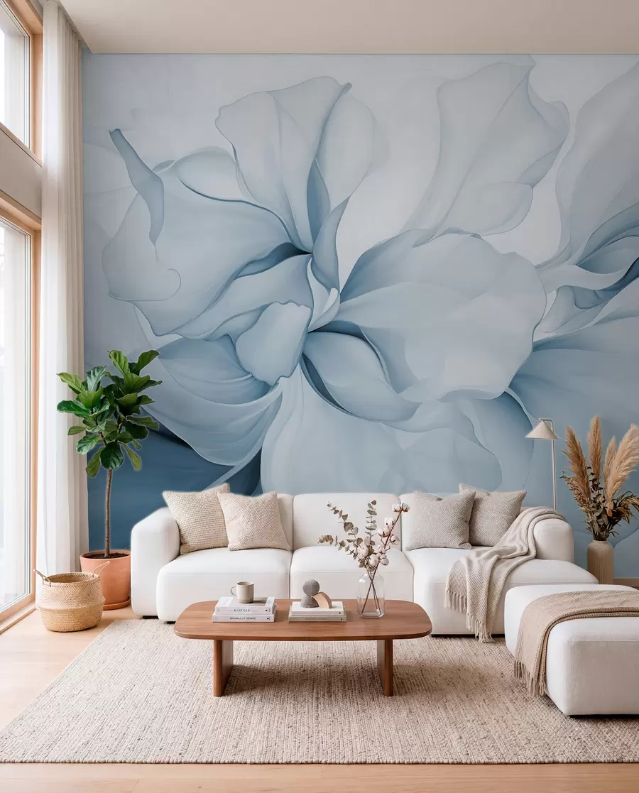 murais de parede Pétalas florais abstractas fluidas, translúcidas e em camadas em tons pastel, em tons de azul w08701v2