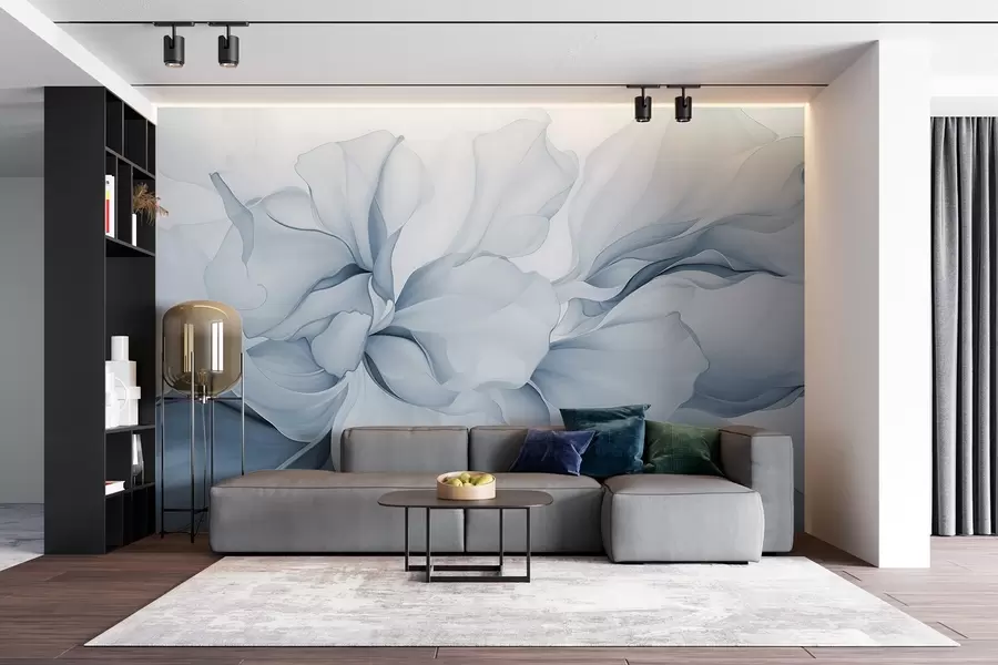 murais de parede Pétalas florais abstractas fluidas, translúcidas e em camadas em tons pastel, em tons de azul w08701v2