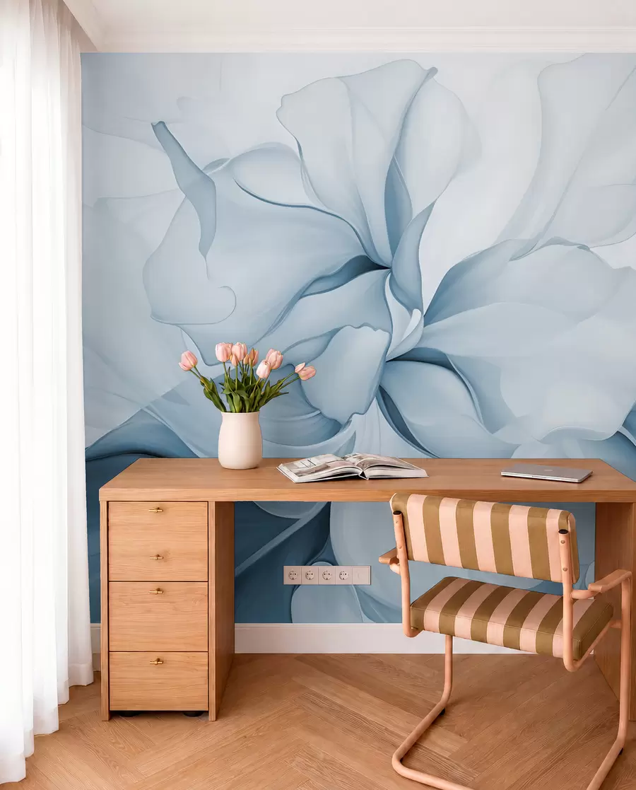 murais de parede Pétalas florais abstractas fluidas, translúcidas e em camadas em tons pastel, em tons de azul w08701v2