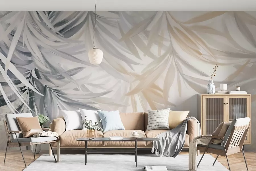 murais de parede Folhas tropicais suaves e fluidas de cor clara em tons de cinzento e pêssego, que se misturam num estampado pálido e neutro w08703