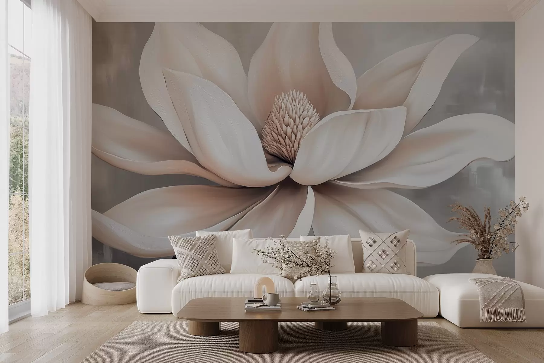 murais de parede Flor de magnólia elegante com pétalas longas e suaves sobre um fundo cinzento suave w08705