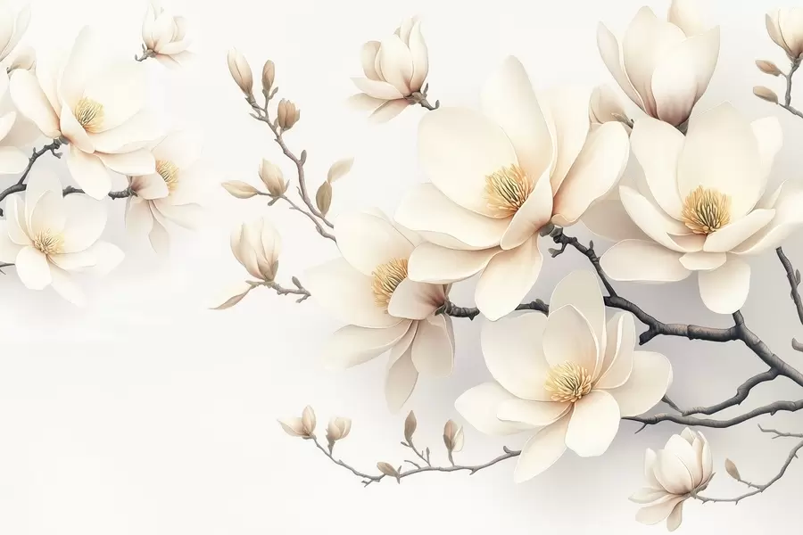 murais de parede Bonitas flores de magnólia de cor creme num fundo branco w08721