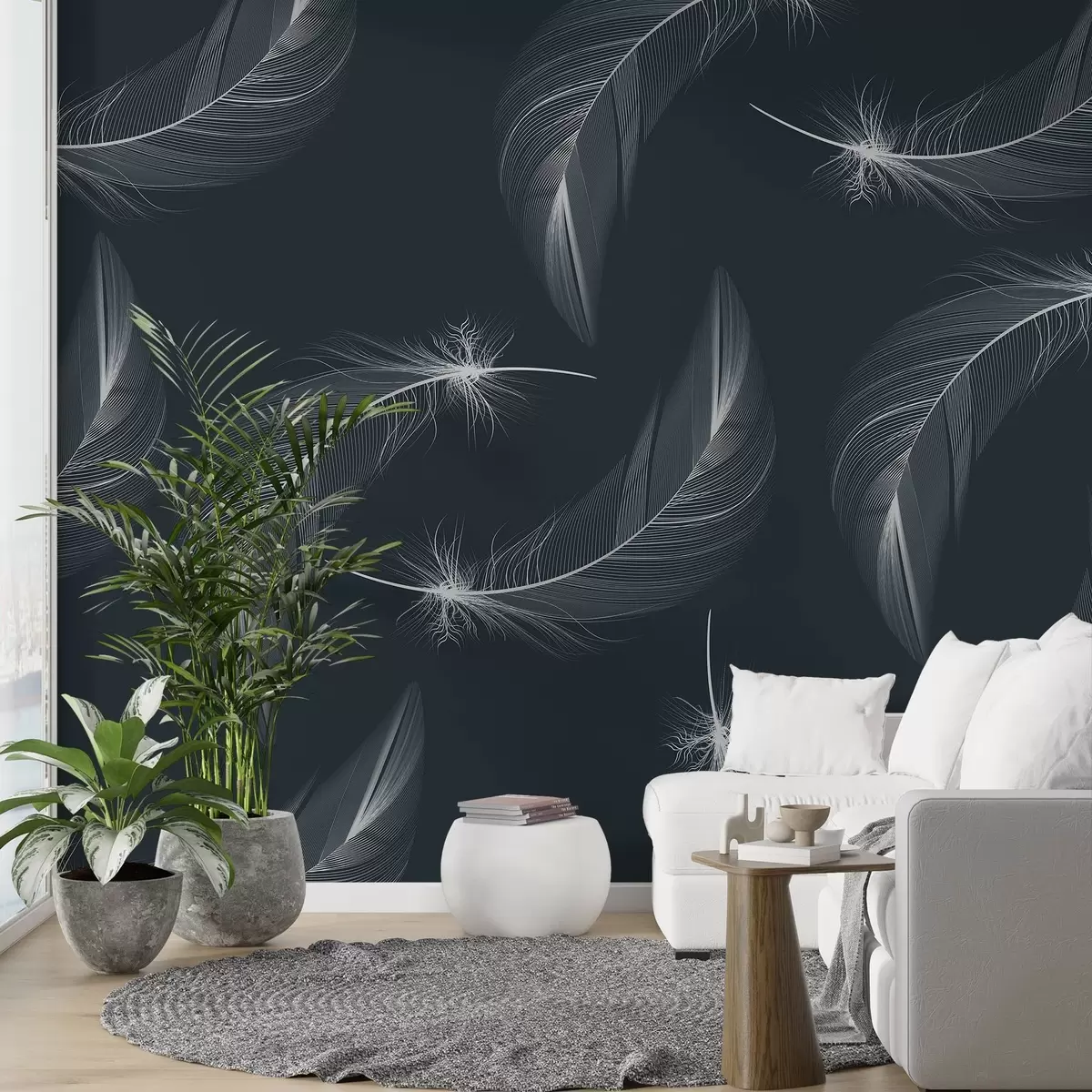 murais de parede Penas sobre um fundo azul, penas brancas claras w03043