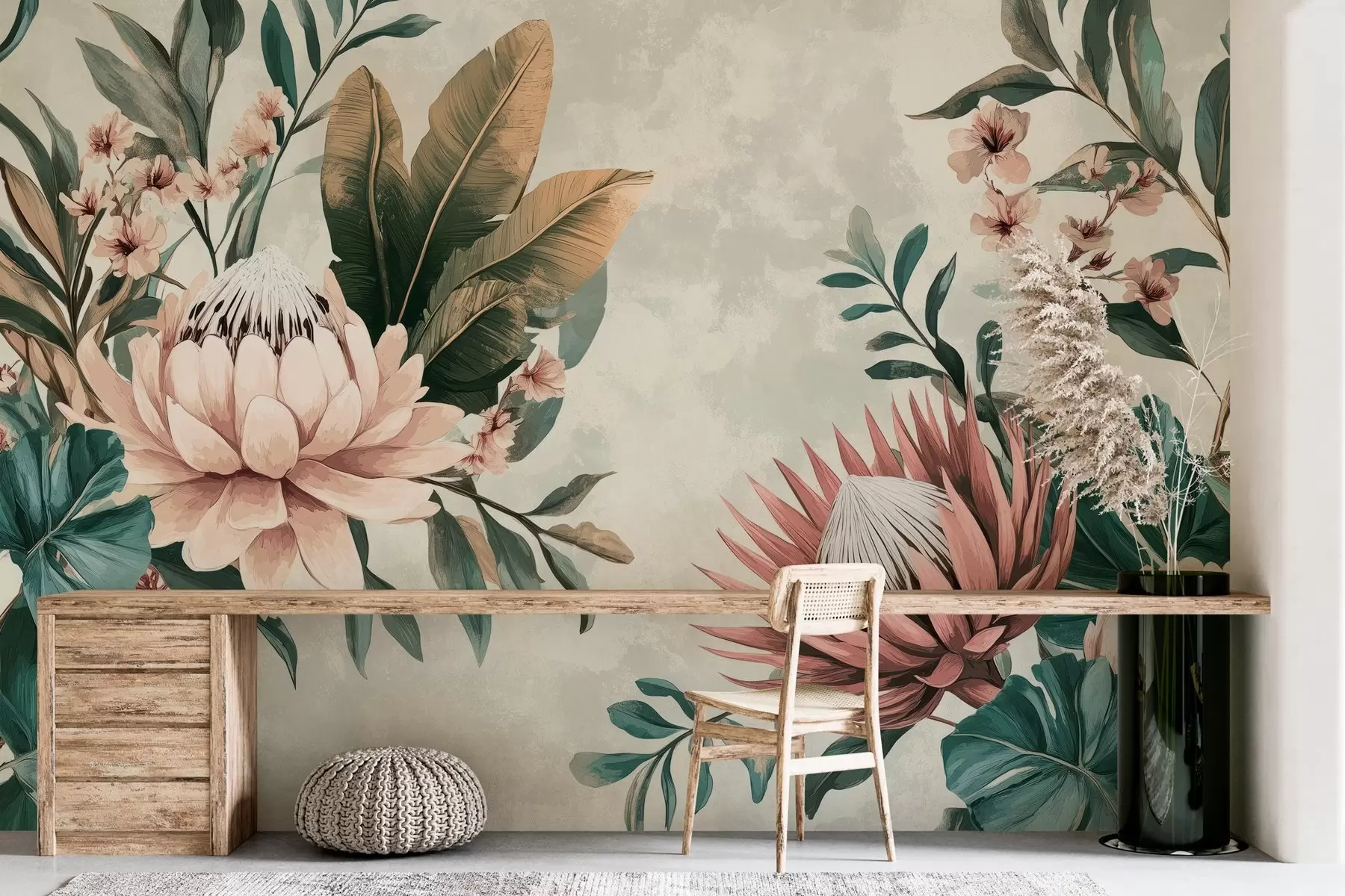 murais de parede plantas exóticas, folhas de palmeira e flores de protea inspiradas em w03015