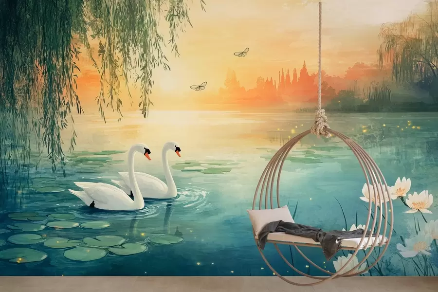 murais de parede Paisagem romântica ao estilo de pintura a óleo com dois cisnes brancos no lago w03017