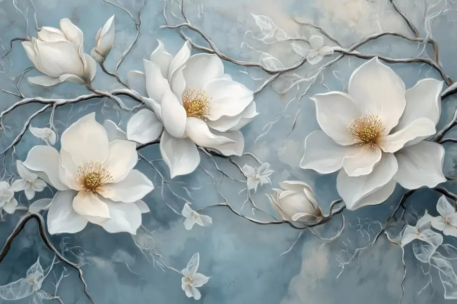 murais de parede Flores brancas geladas sobre um fundo azul ao estilo de uma pintura a óleo w03018