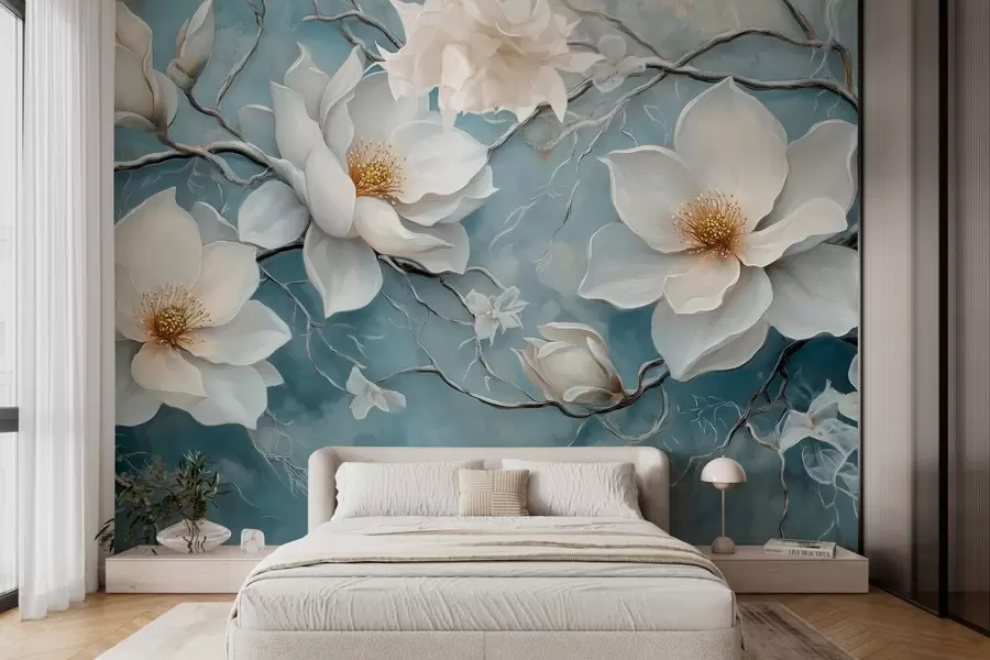 murais de parede Flores brancas geladas sobre um fundo azul ao estilo de uma pintura a óleo w03018