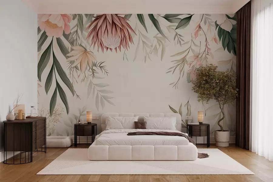 murais de parede Flor Protea entre várias folhas e plantas em tons quentes de bege e verde w03019