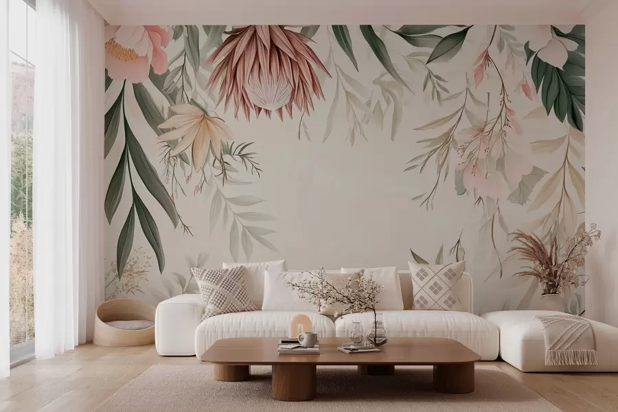 murais de parede Flor Protea entre várias folhas e plantas em tons quentes de bege e verde w03019