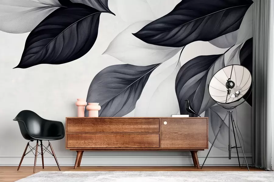 murais de parede Folhas gráficas a preto e branco w03020