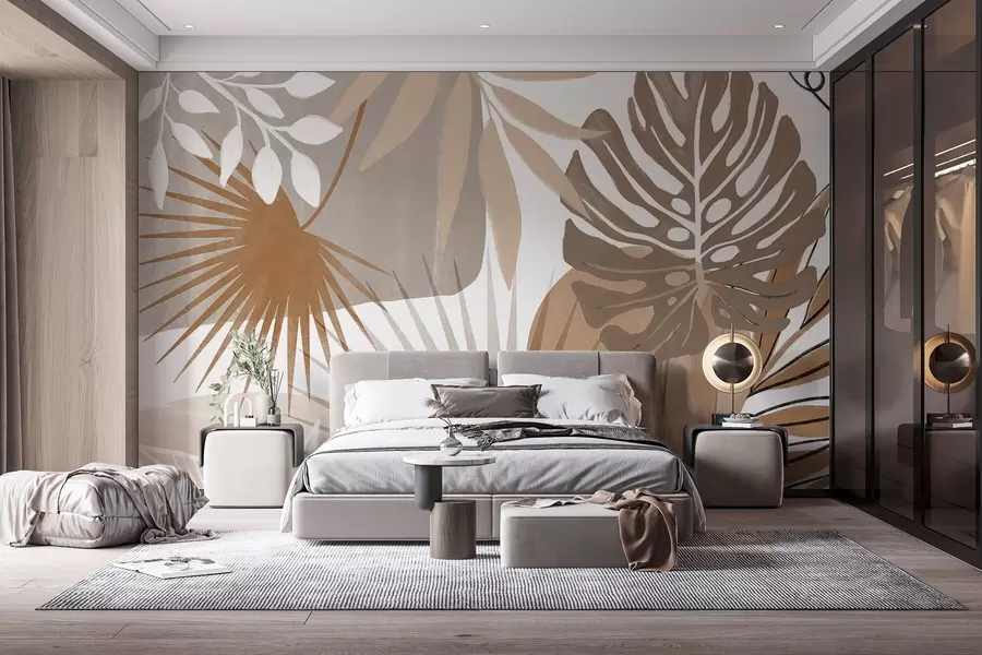 murais de parede Desenho abstrato com várias folhas tropicais e em tons terra de castanho, bege e creme  w08738