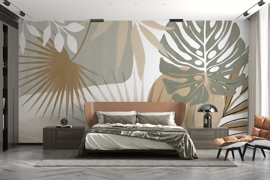 murais de parede Desenho abstrato com várias folhas tropicais e em tons terra de verde, bege e creme  w08738v1