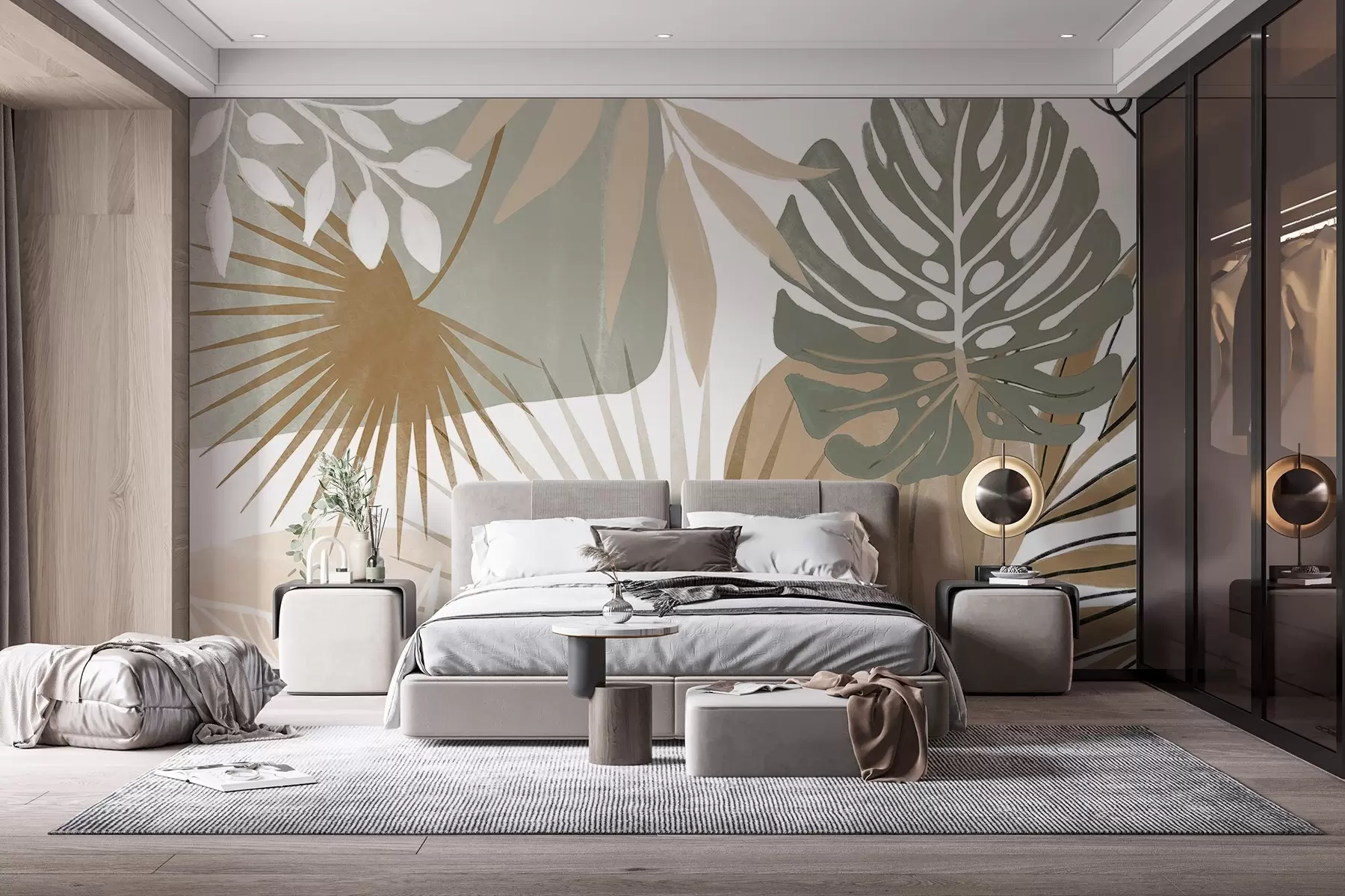 murais de parede Desenho abstrato com várias folhas tropicais e em tons terra de verde, bege e creme  w08738v1