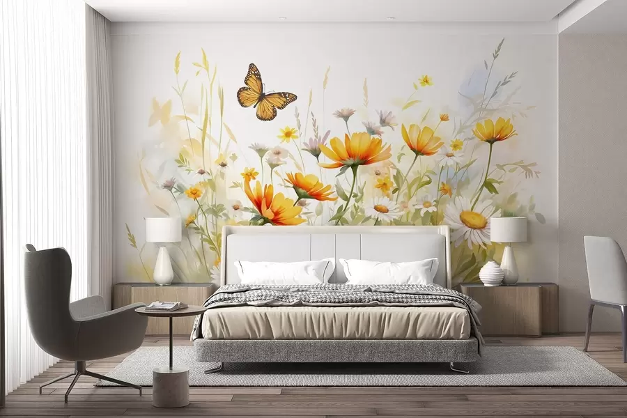 murais de parede Um campo de flores vibrante, semelhante a uma aguarela, com flores cor de laranja e amarelas e uma borboleta por cima das flores w08739