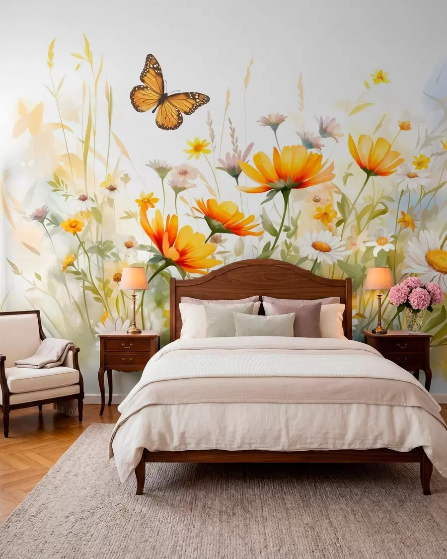 murais de parede Um campo de flores vibrante, semelhante a uma aguarela, com flores cor de laranja e amarelas e uma borboleta por cima das flores w08739