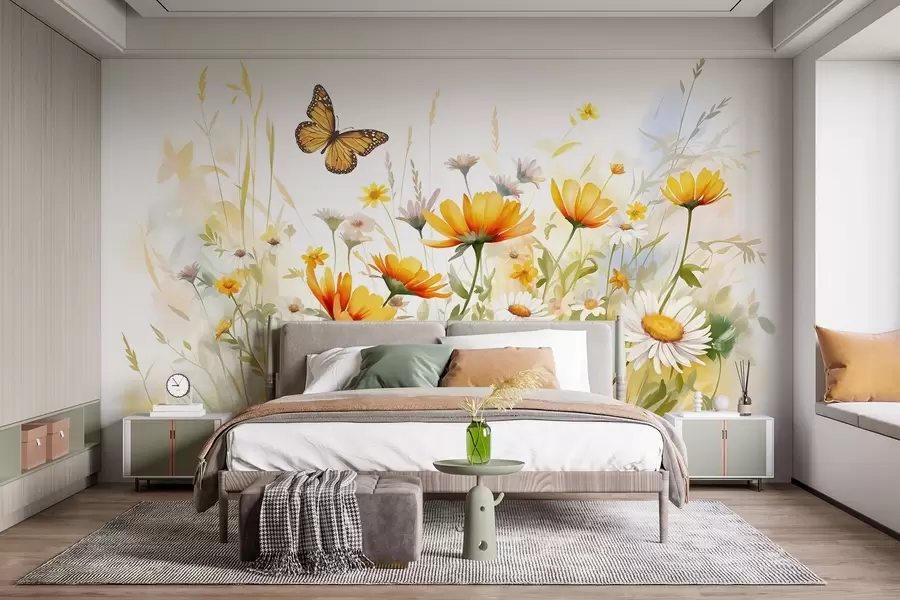 murais de parede Um campo de flores vibrante, semelhante a uma aguarela, com flores cor de laranja e amarelas e uma borboleta por cima das flores w08739