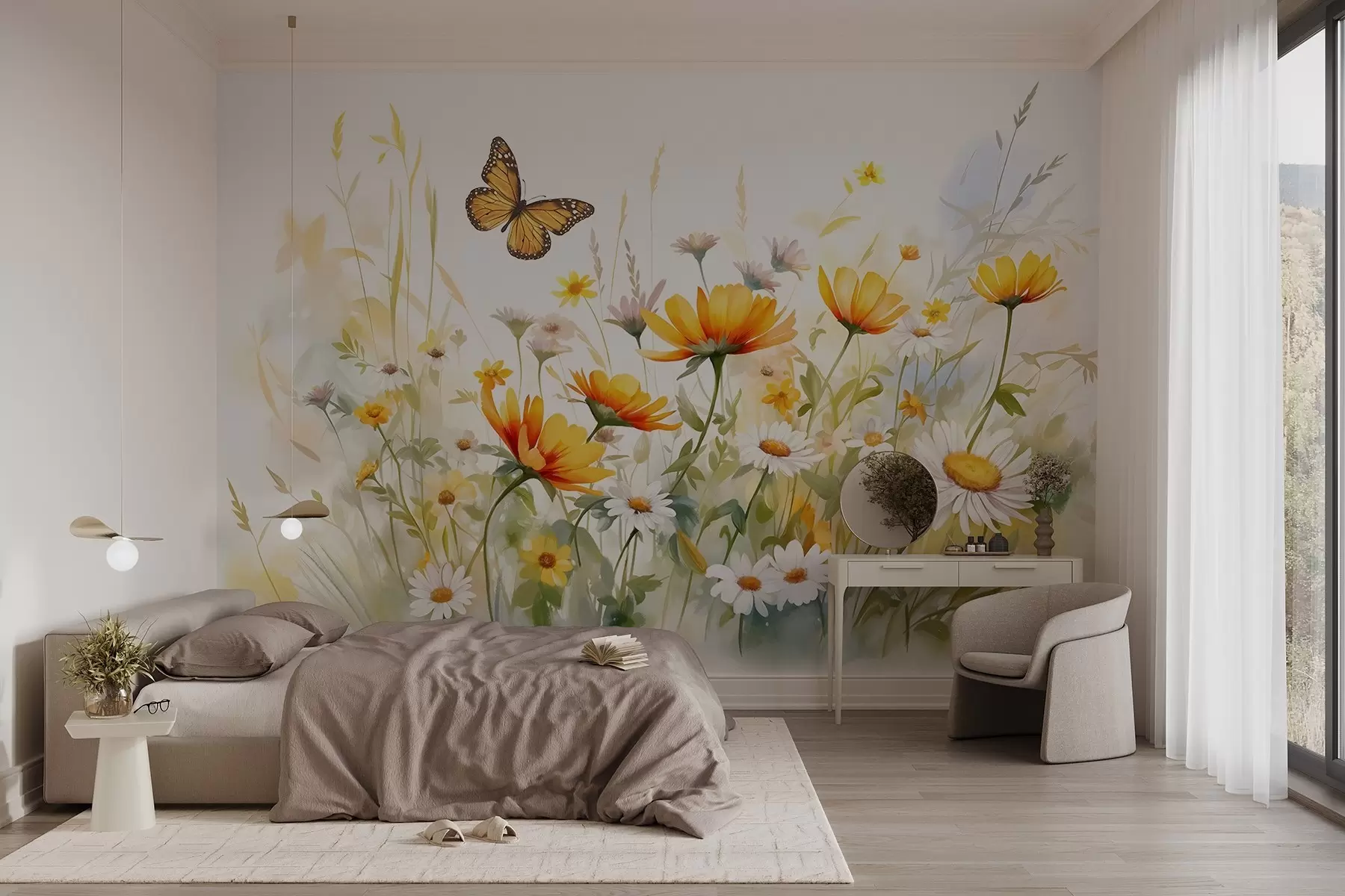 murais de parede Um campo de flores vibrante, semelhante a uma aguarela, com flores cor de laranja e amarelas e uma borboleta por cima das flores w08739