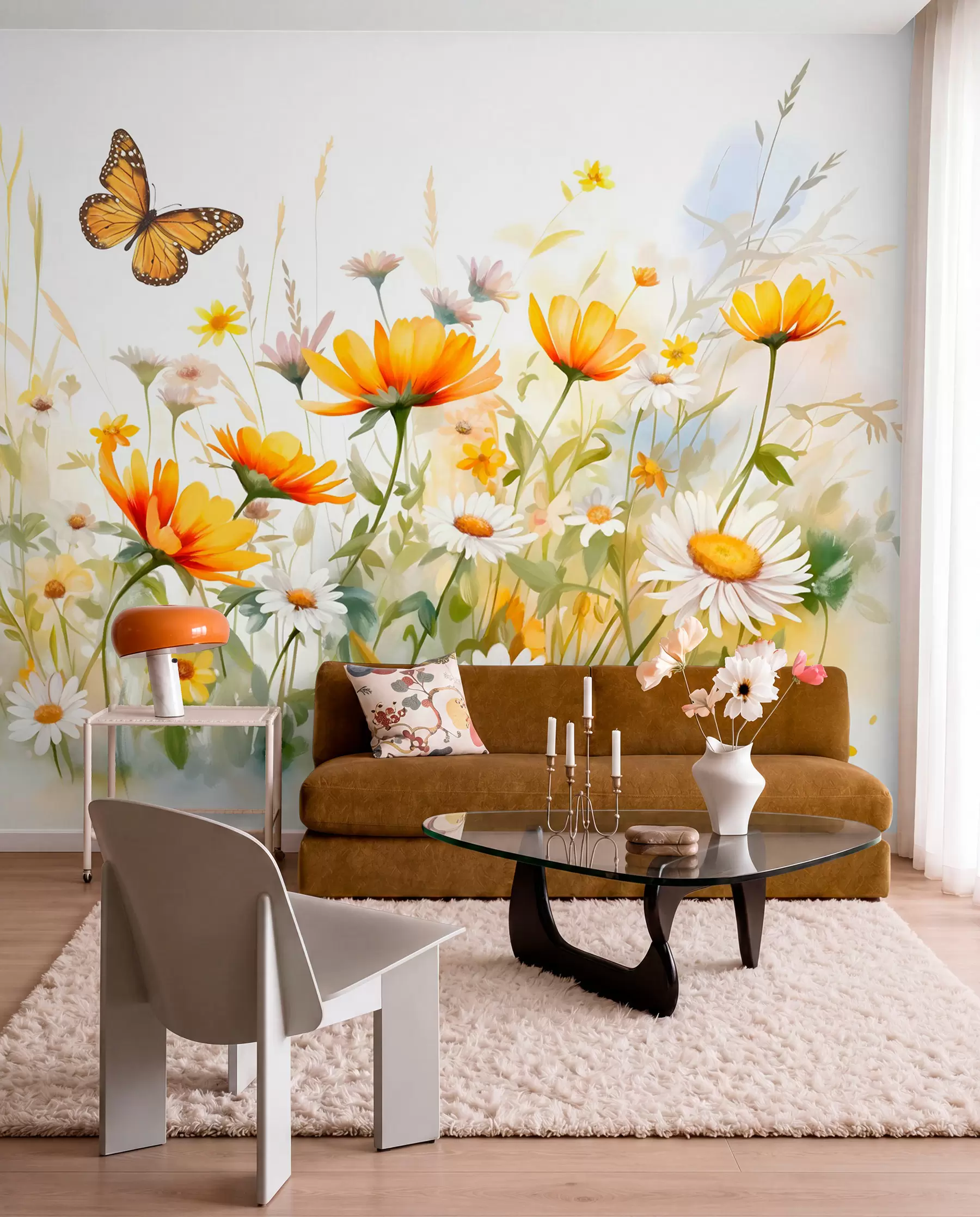 murais de parede Um campo de flores vibrante, semelhante a uma aguarela, com flores cor de laranja e amarelas e uma borboleta por cima das flores w08739
