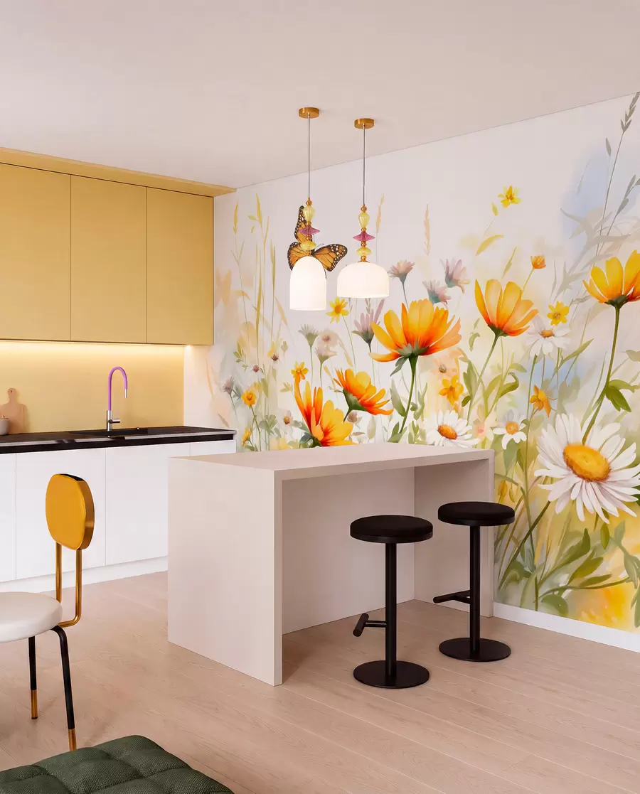 murais de parede Um campo de flores vibrante, semelhante a uma aguarela, com flores cor de laranja e amarelas e uma borboleta por cima das flores w08739
