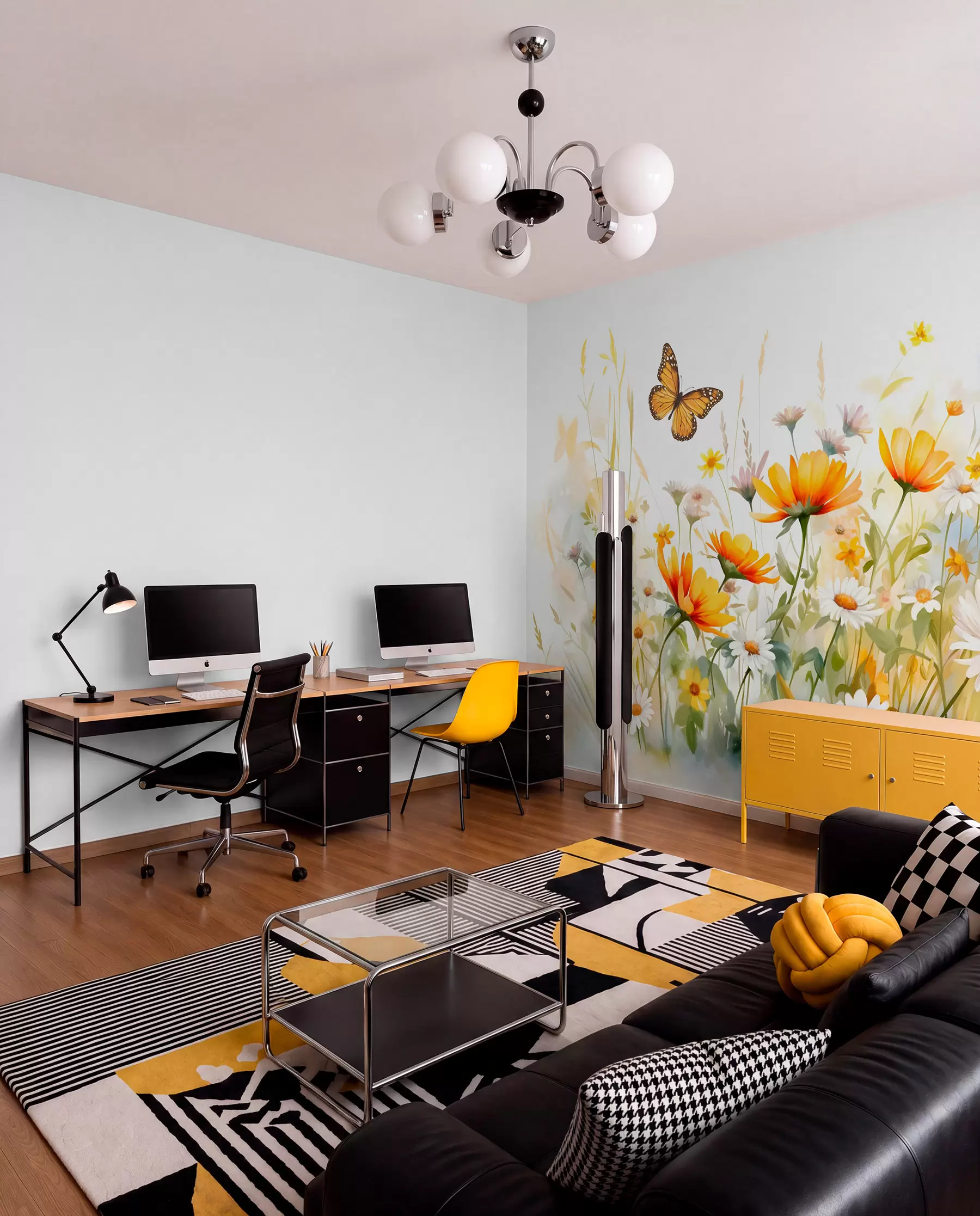 murais de parede Um campo de flores vibrante, semelhante a uma aguarela, com flores cor de laranja e amarelas e uma borboleta por cima das flores w08739