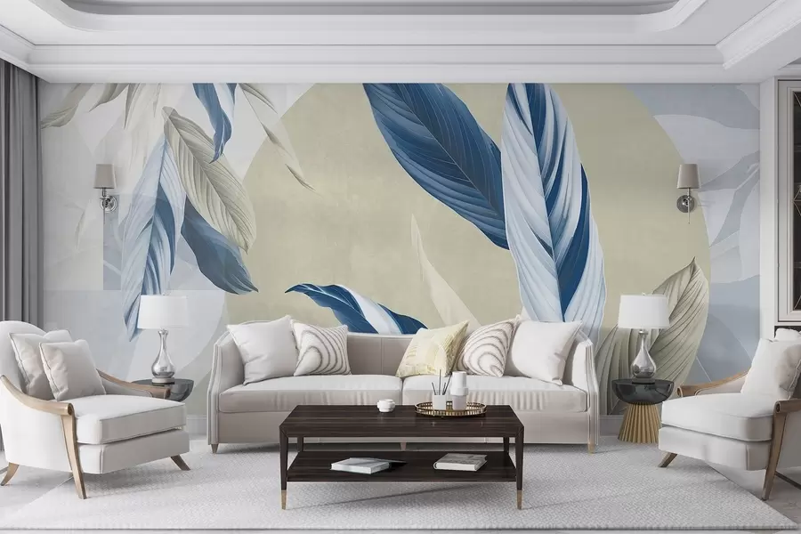 murais de parede Composição geométrica textural moderna e abstrata com folhas detalhadas em tons de azul, bege e branco w08741