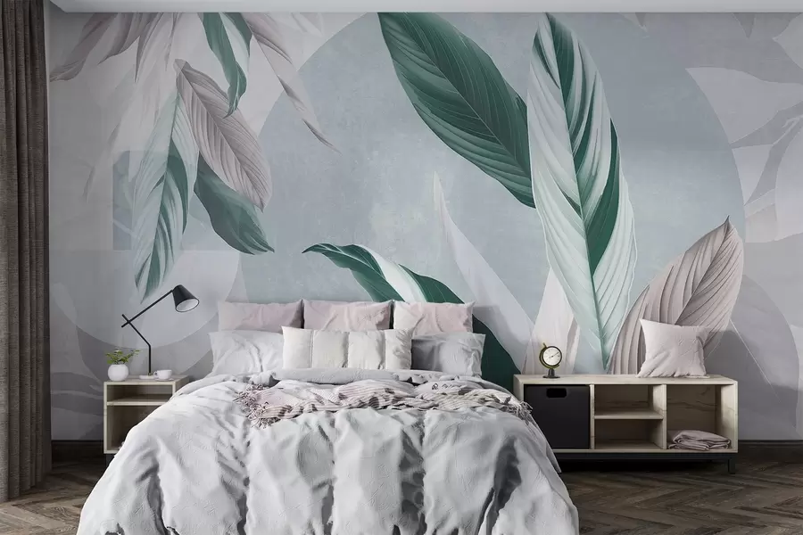 murais de parede Composição geométrica textural moderna e abstrata com folhas pormenorizadas em tons de verde, roxo claro e branco w08741v1