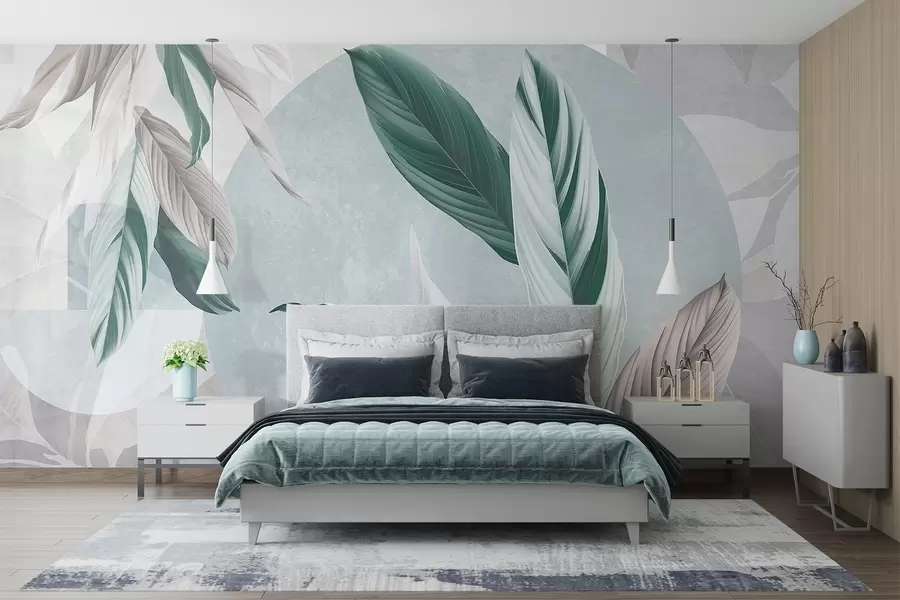 murais de parede Composição geométrica textural moderna e abstrata com folhas pormenorizadas em tons de verde, roxo claro e branco w08741v1