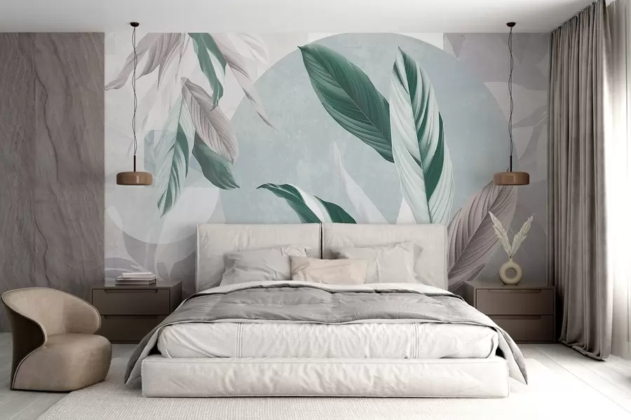 murais de parede Composição geométrica textural moderna e abstrata com folhas pormenorizadas em tons de verde, roxo claro e branco w08741v1