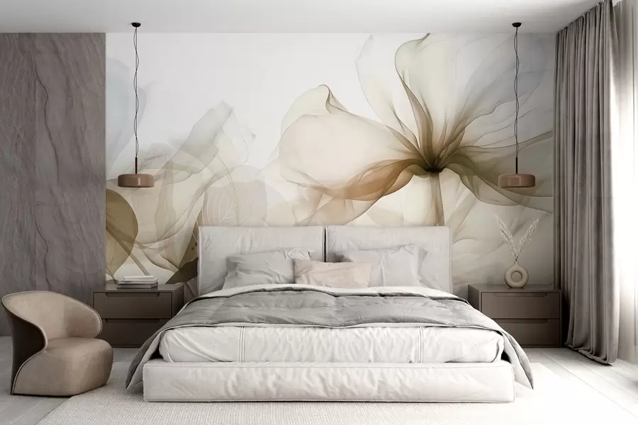 murais de parede Flores abstractas castanhas com pétalas fluidas suaves e translúcidas e pormenores delicados, sobre um fundo branco w08742v1