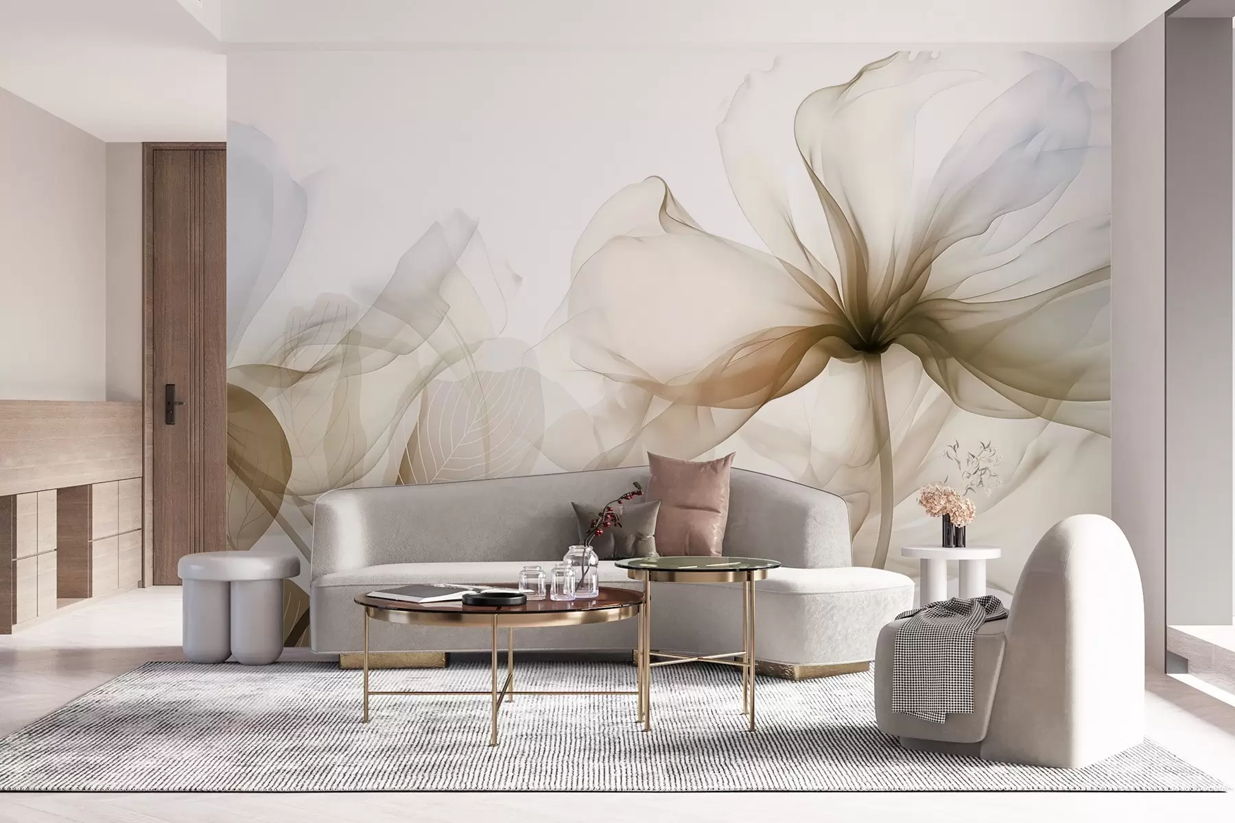 murais de parede Flores abstractas castanhas com pétalas fluidas suaves e translúcidas e pormenores delicados, sobre um fundo branco w08742v1