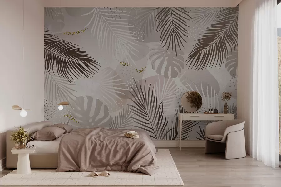 murais de parede Tendência abstrata de folhas e linhas tropicais w03060