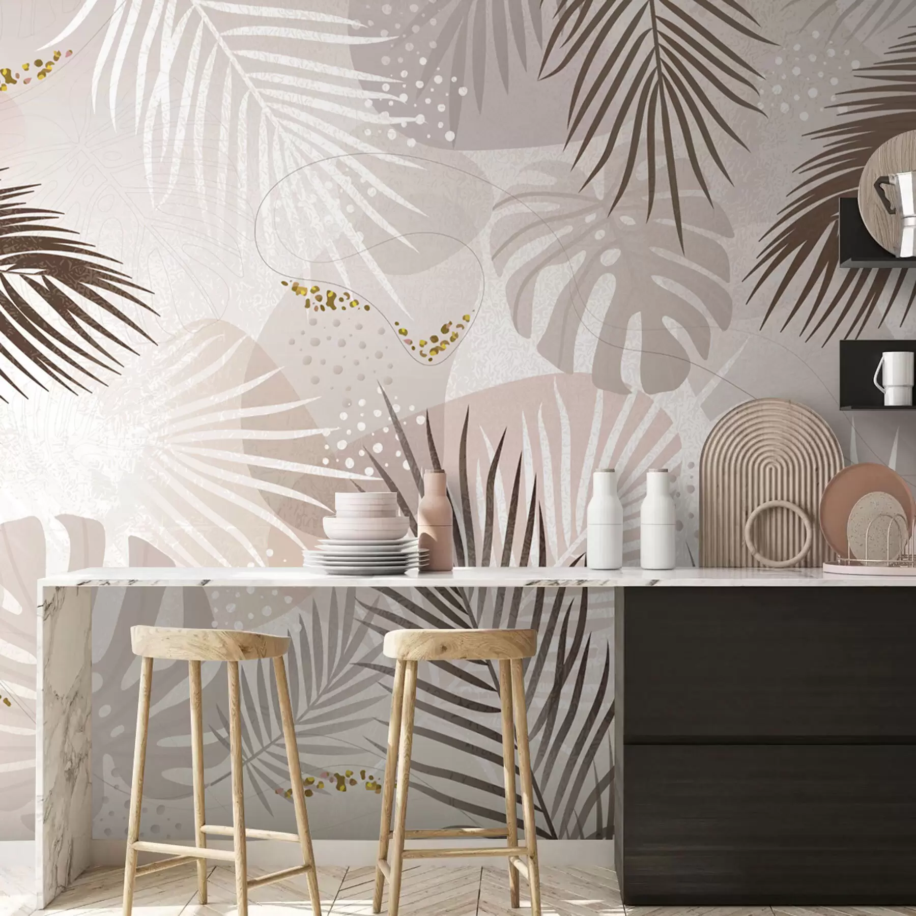 murais de parede Tendência abstrata de folhas e linhas tropicais w03060