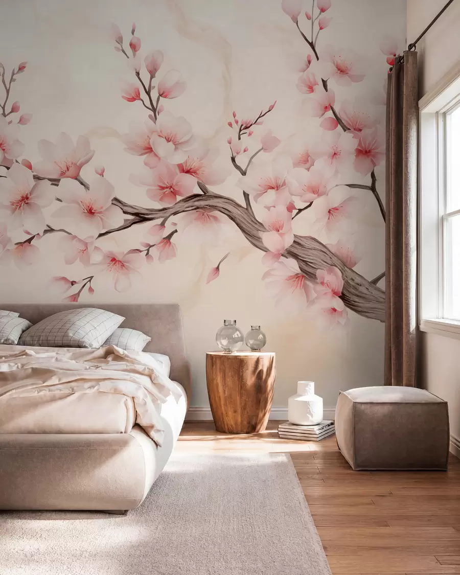 murais de parede Um delicado ramo de cerejeira com flores cor-de-rosa suaves sobre um fundo claro w03079