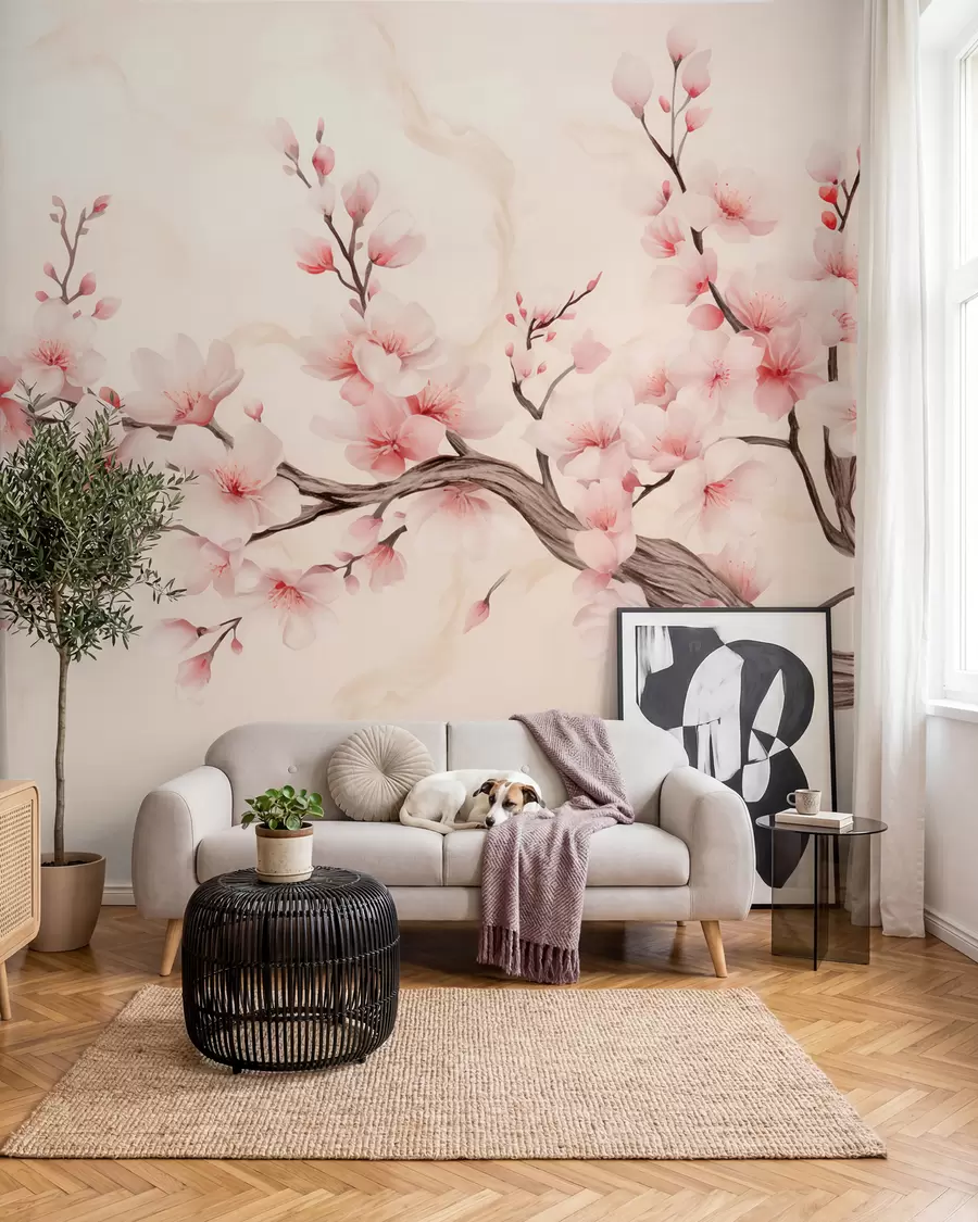 murais de parede Um delicado ramo de cerejeira com flores cor-de-rosa suaves sobre um fundo claro w03079