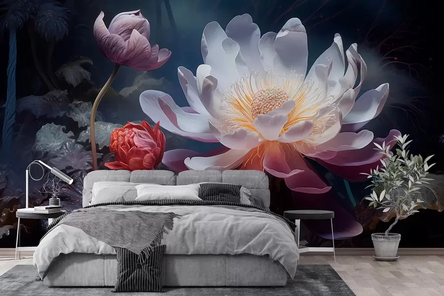 murais de parede Flores fantásticas a desabrochar num ambiente escuro de conto de fadas w08747
