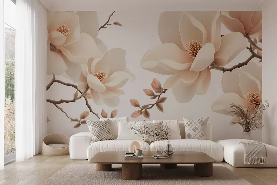 murais de parede Ramos de magnólia de cor creme sobre um fundo branco w08755