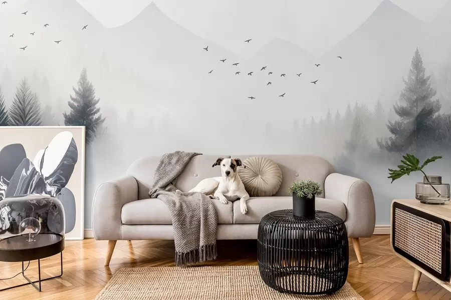 murais de parede Floresta de inverno serena na encosta de uma montanha em tons de branco e cinzento claro w08756