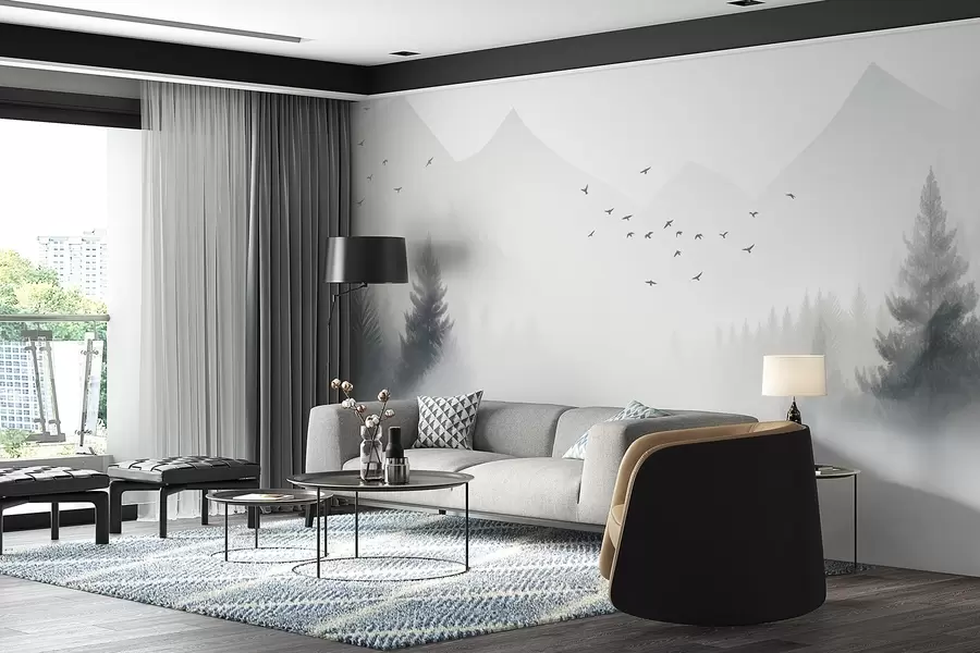 murais de parede Floresta de inverno serena na encosta de uma montanha em tons de branco e cinzento claro w08756