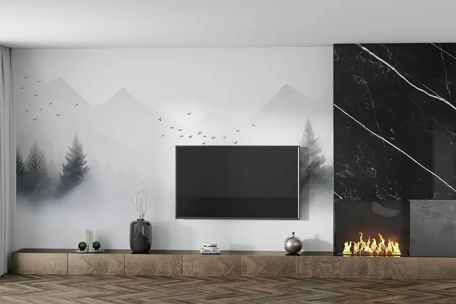 murais de parede Floresta de inverno serena na encosta de uma montanha em tons de branco e cinzento claro w08756