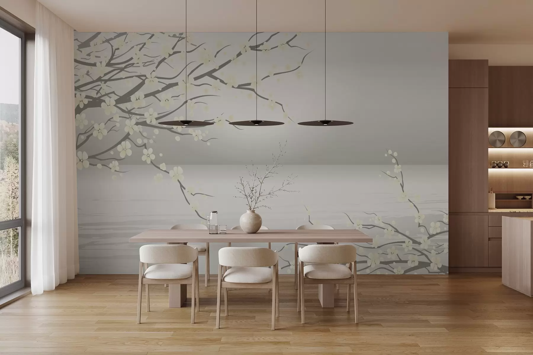 murais de parede Árvores floridas no fundo do nascer do sol w03100v1